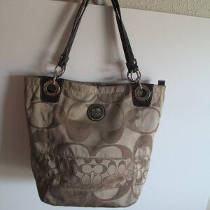 Coach Alex Jacquard Beige Brown Signature Leather 2 Strap Shoulder Handbag Bag